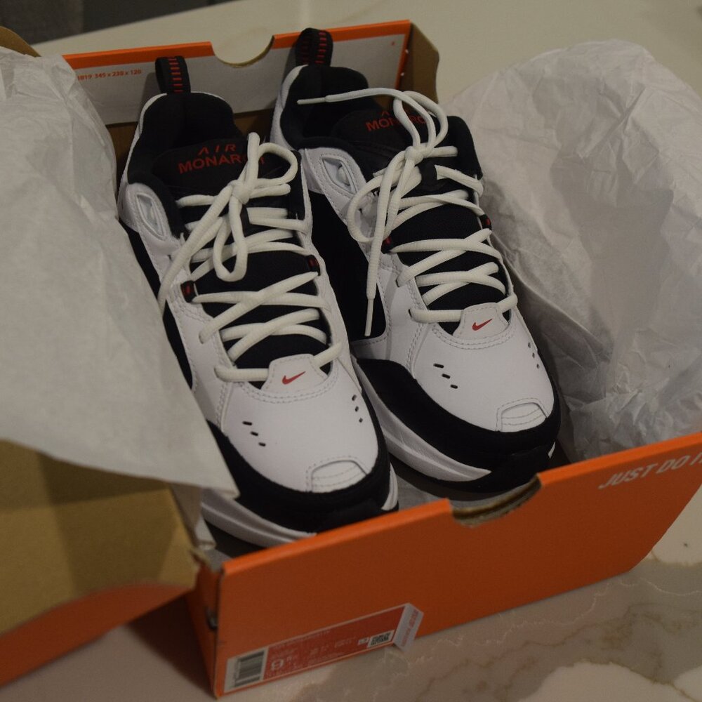 (Size 9.5) Nike Air Monarch IV Men's Workout Shoes [White/Black/Red]